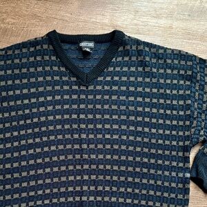 JANTZEN vintage men’s acrylic v-neck grandpa dad sweater blue geometric XL EUC